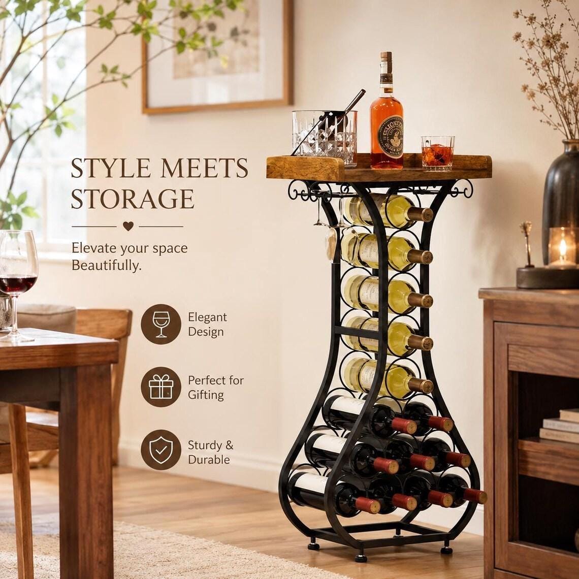 Freestanding Wine Rack Bar Table, Liquor Cabinet with Glass Holder