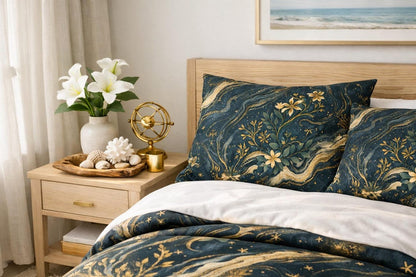 Celestial Botanical Duvet Cover Set – Dark Academia Navy Gold Bedding