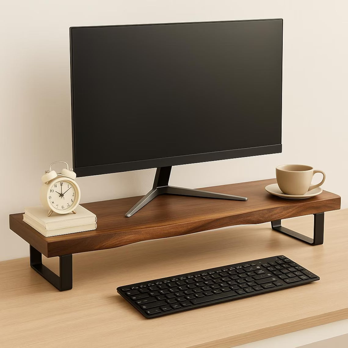 Handcrafted Walnut Monitor Riser with Live Edge, Modern Desk Shelf with Steel Legs, Ergonomic Computer Stand for Home Office Decor