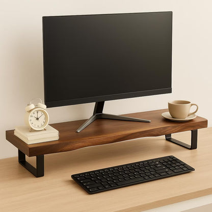 Handcrafted Walnut Monitor Riser with Live Edge, Modern Desk Shelf with Steel Legs, Ergonomic Computer Stand for Home Office Decor