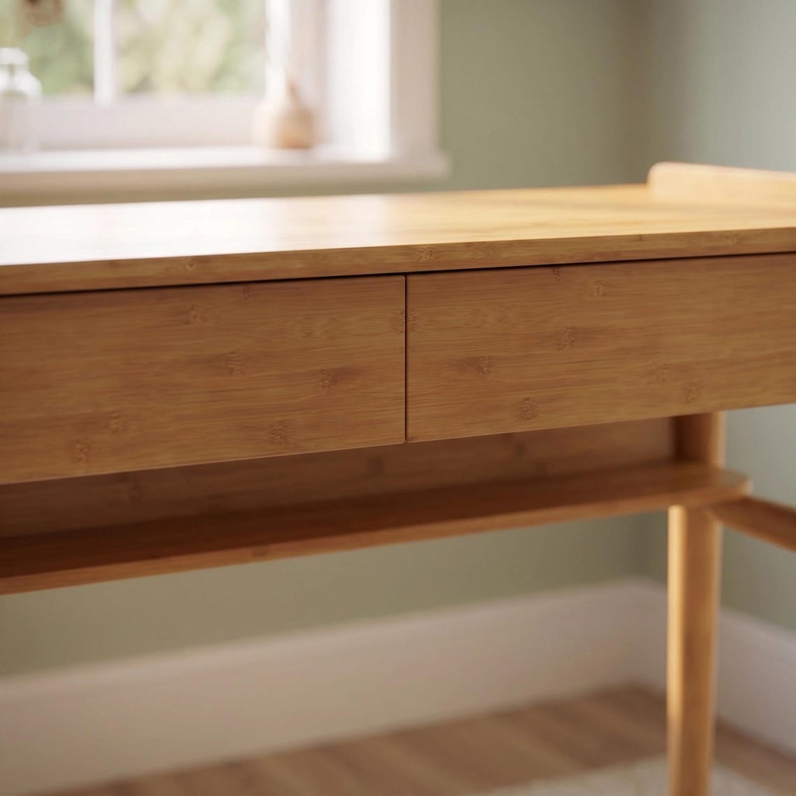 Mid-Century Modern Bamboo Computer Desk with Storage & Cable Management