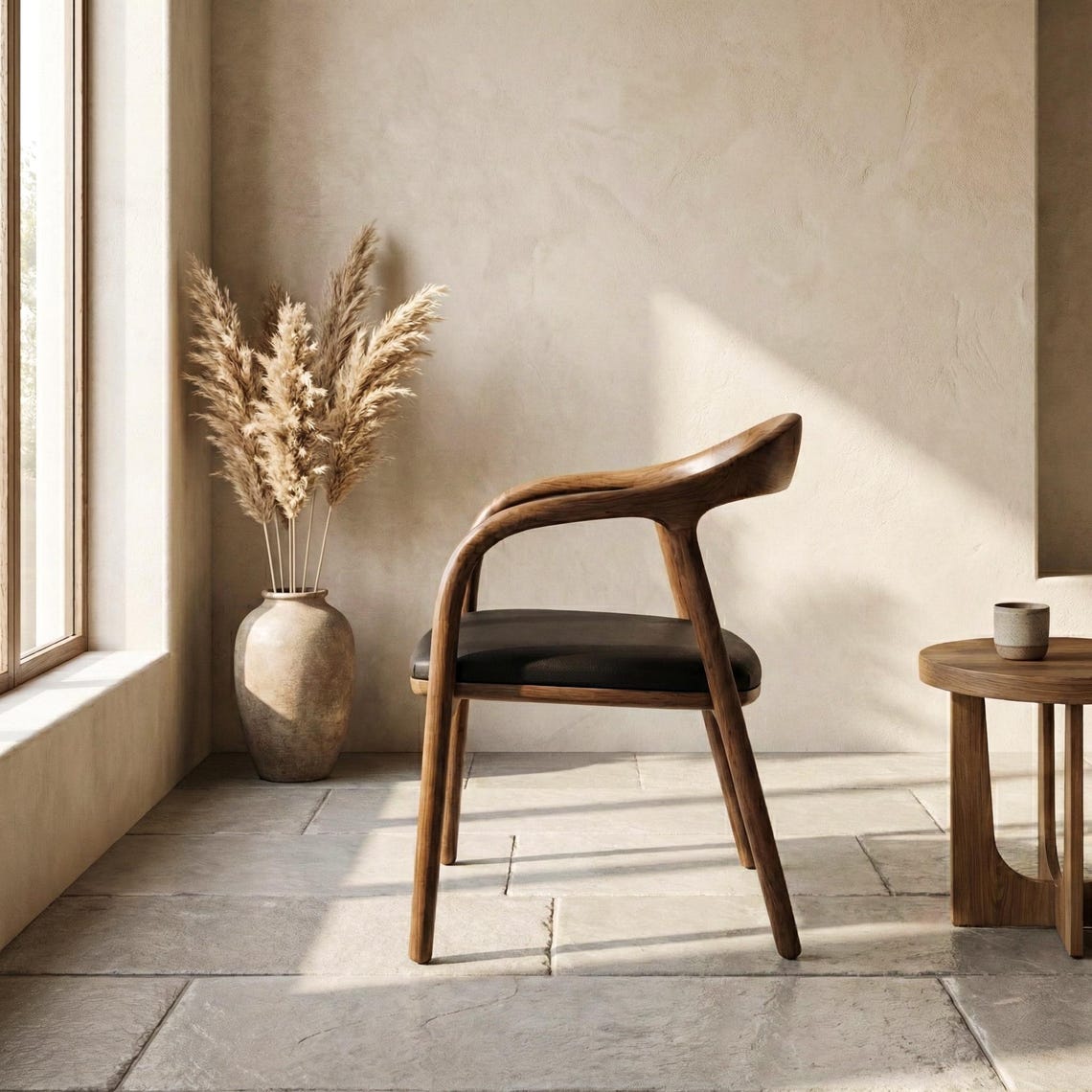 Walnut Dining Chairs Black Leather Cushion Mid Century Modern Office & Living Room Seating