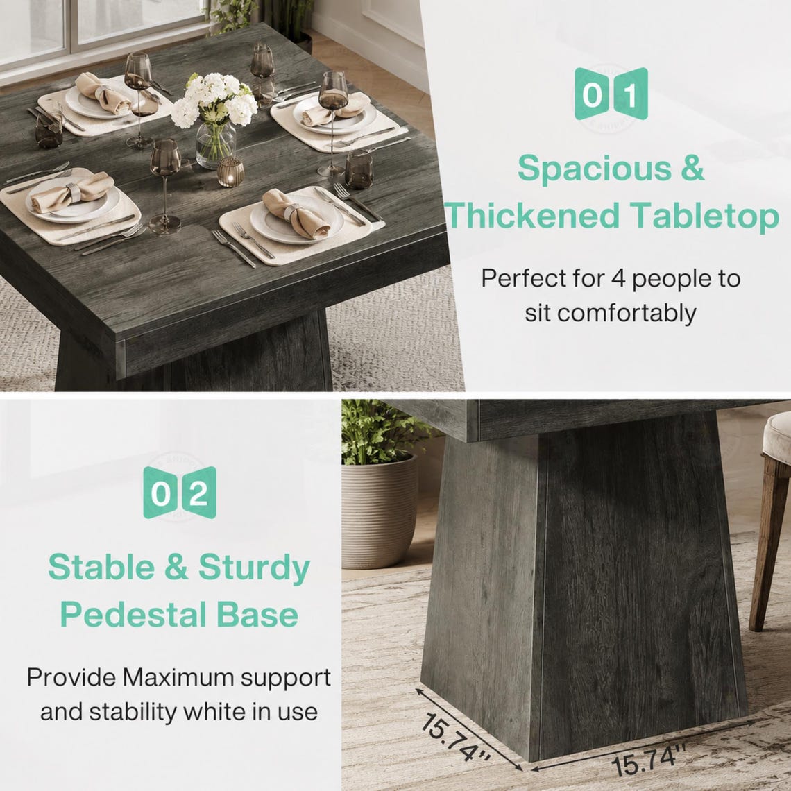 Square Dining Table, Rustic Grey Farmhouse Style, Seats 4 People
