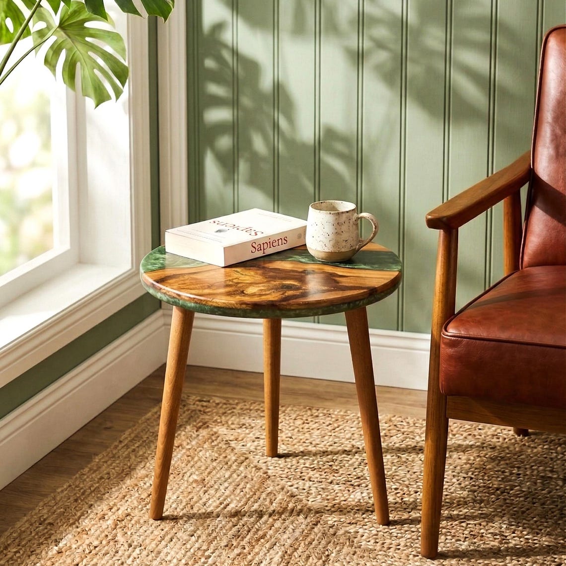 Round Live Edge Epoxy Coffee Table Walnut Side Table Mid Century Modern End Table with Wooden Legs Handmade