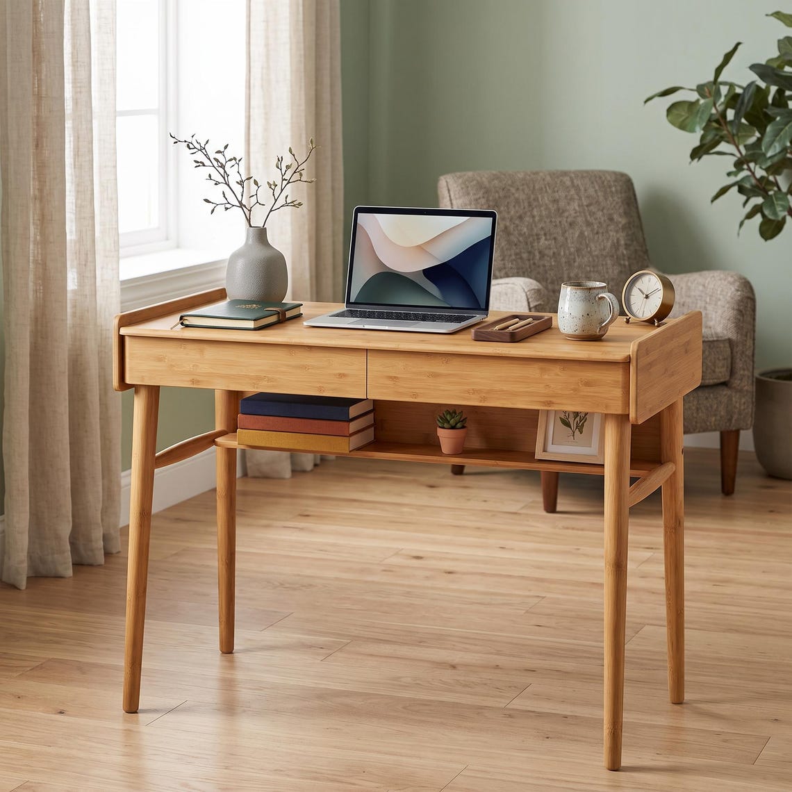 Mid-Century Modern Bamboo Computer Desk with Storage & Cable Management
