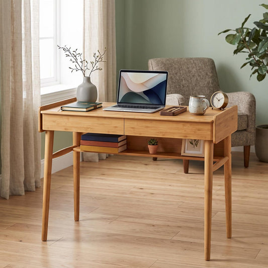 Mid-Century Modern Bamboo Computer Desk with Storage & Cable Management