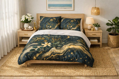 Celestial Botanical Duvet Cover Set – Dark Academia Navy Gold Bedding