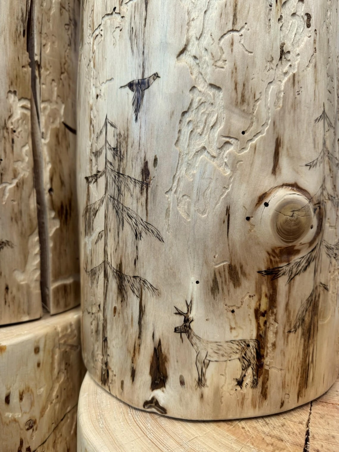 Woodland Scene Stump End Table, Hand-Burned Wood Plant Stand, Rustic Lodge Décor
