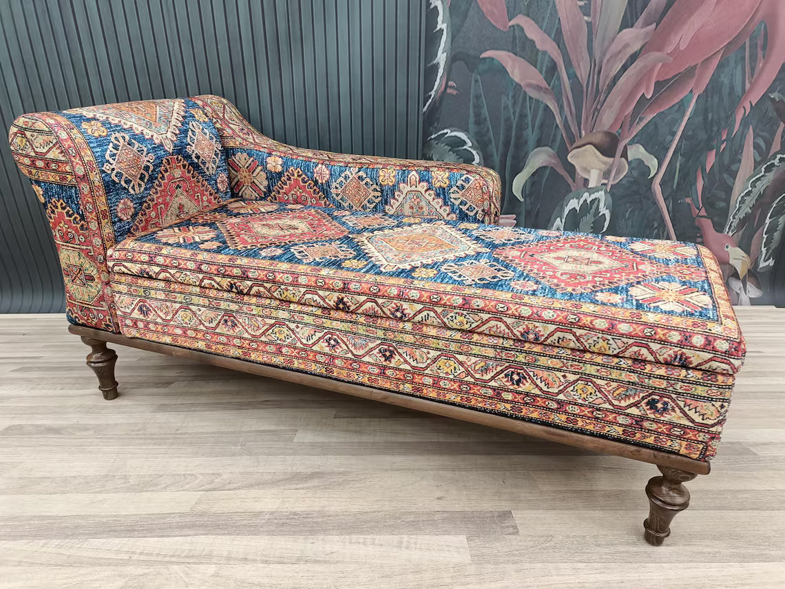 Oriental Motif Chaise Lounge Bed | Orange Blue Classic Settee