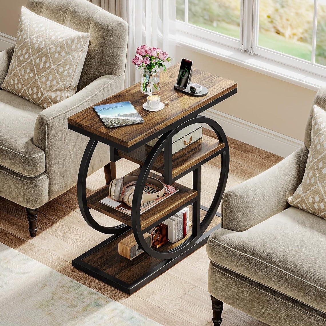 4 Tier Narrow End Table | Rustic Side Table with Storage Shelves