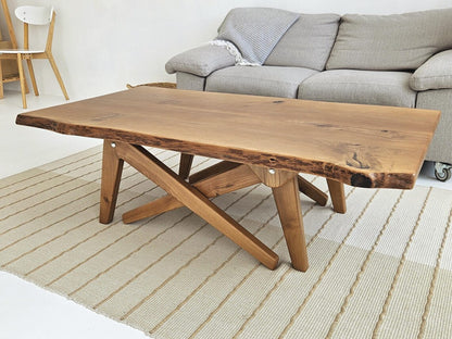 2-in-1 Solid Oak Live Edge Transformer Table – Coffee to Dining Table – Adjustable Height – Natural Wood – Handmade Convertible Table