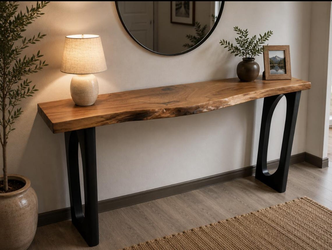 Solid Wood Narrow Console Table, Metal Leg Table, Handmade Furniture, Entryway Hall Table,Live Edge Table (Thichkness 1.6 inch- 4 cm)
