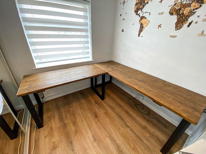 Wooden Corner Desk - L Shape Desk - Optional Monitor Stand & Keyboard Tray - Hairpin or Square Industrial Legs - Custom Sizes Available