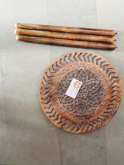 Hand Carved Wooden Coffee Table, Round Boho Rustic Accent Table