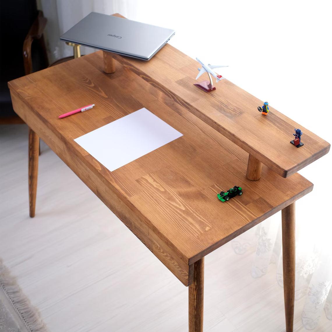Solid Pine Wood Desk, Modern Minimalist Monitor Stand, Sustainable Home Office Furniture