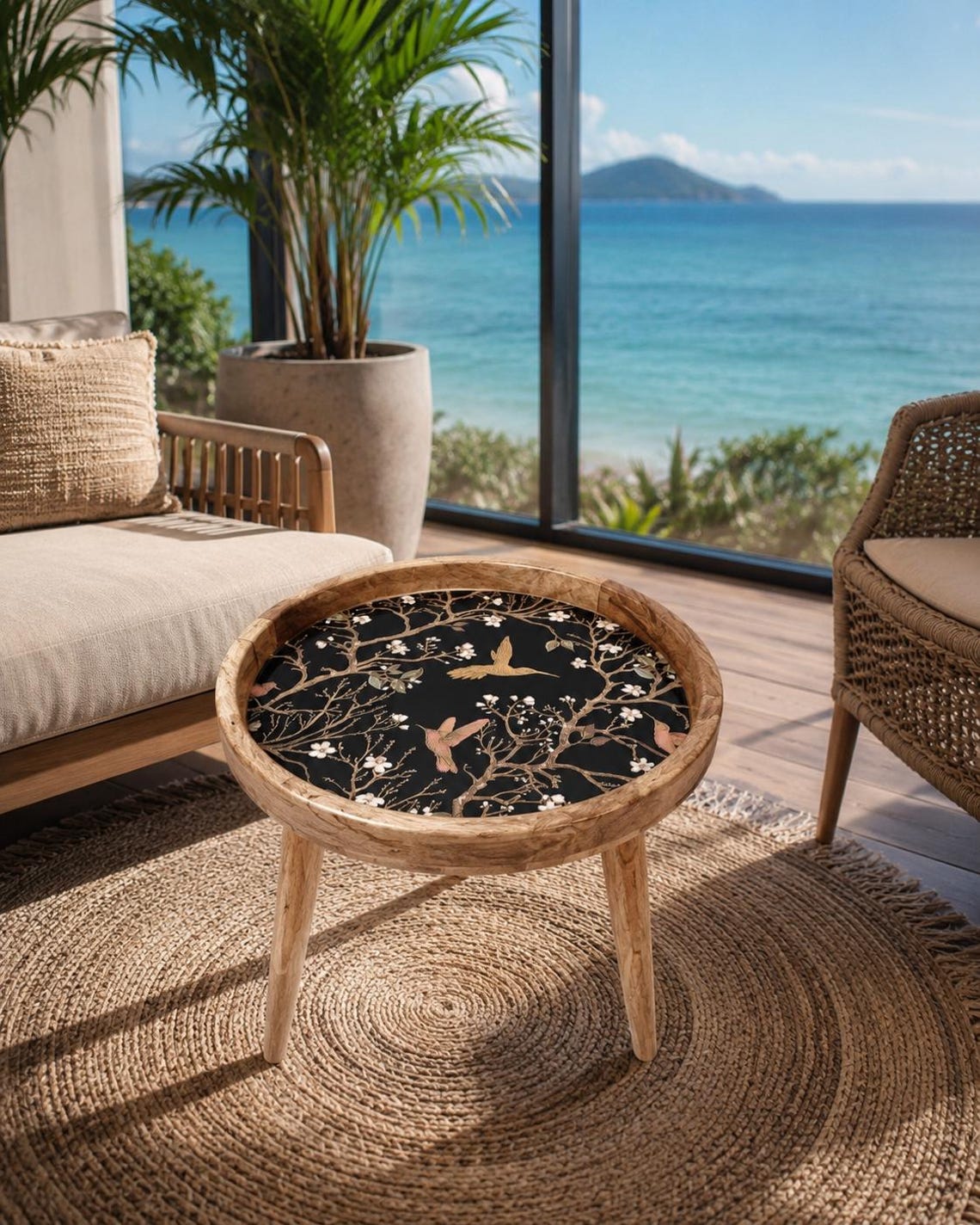 Handcrafted Mango Wood Side Tables: Boho Living Room Furniture Hummingbirds