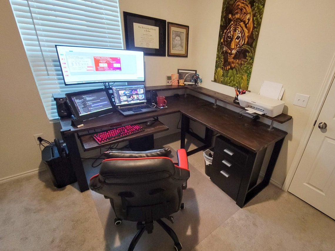 Wooden Corner Desk - L Shape Desk - Optional Monitor Stand & Keyboard Tray - Hairpin or Square Industrial Legs - Custom Sizes Available