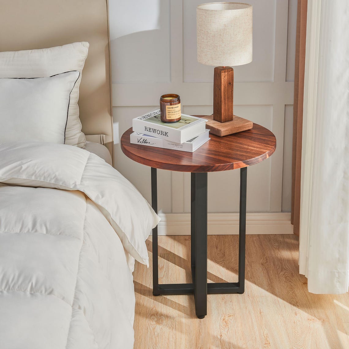 South American Walnut Round End Table: Modern Accent Table