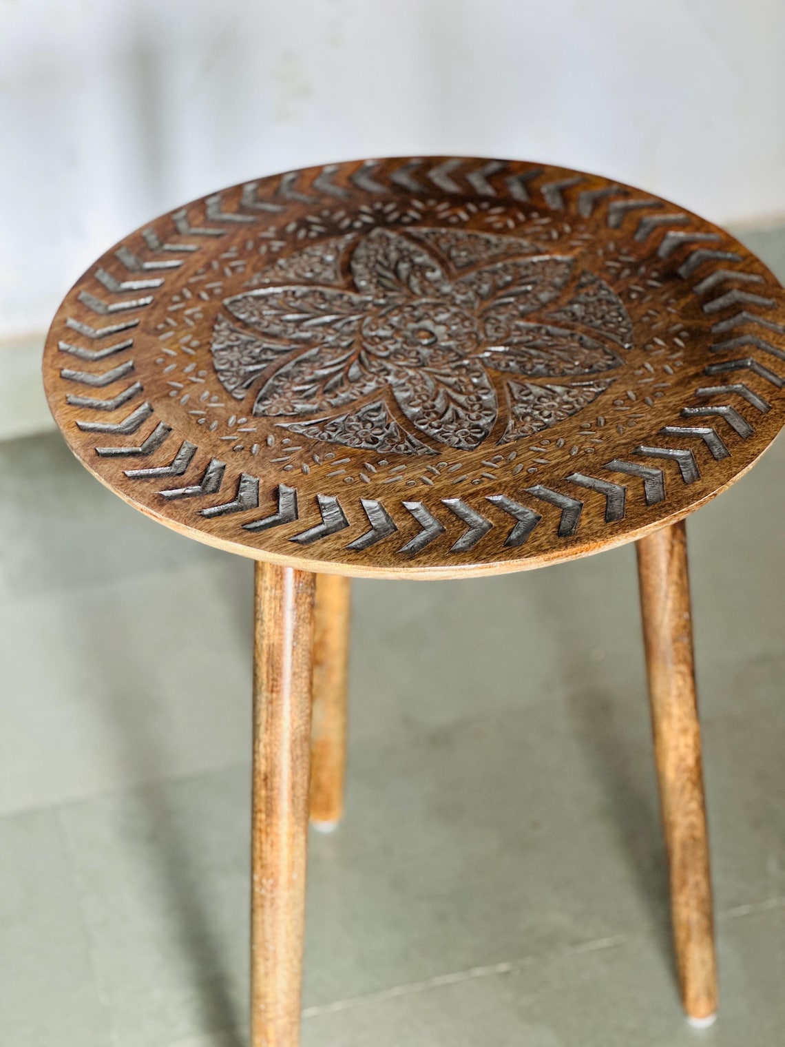 Hand Carved Wooden Coffee Table, Round Boho Rustic Accent Table