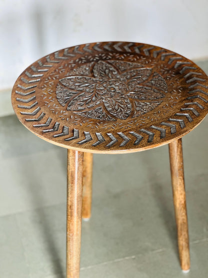Hand Carved Wooden Coffee Table, Round Boho Rustic Accent Table