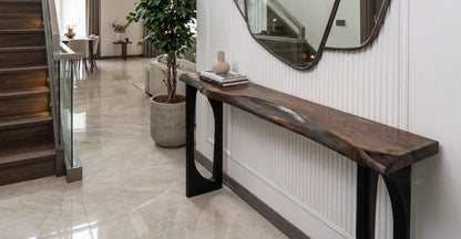 Solid Wood Narrow Console Table, Metal Leg Table, Handmade Furniture, Entryway Hall Table,Live Edge Table (Thichkness 1.6 inch- 4 cm)