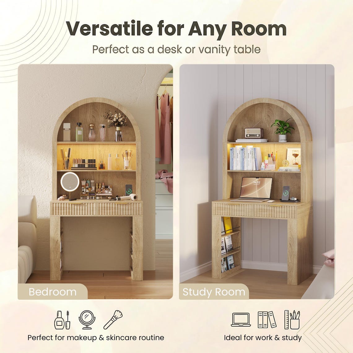 Arched Home Office Desk with Hutch, LED Lights & Charging Station - MDF Wood