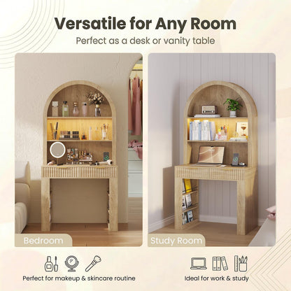 Arched Home Office Desk with Hutch, LED Lights & Charging Station - MDF Wood
