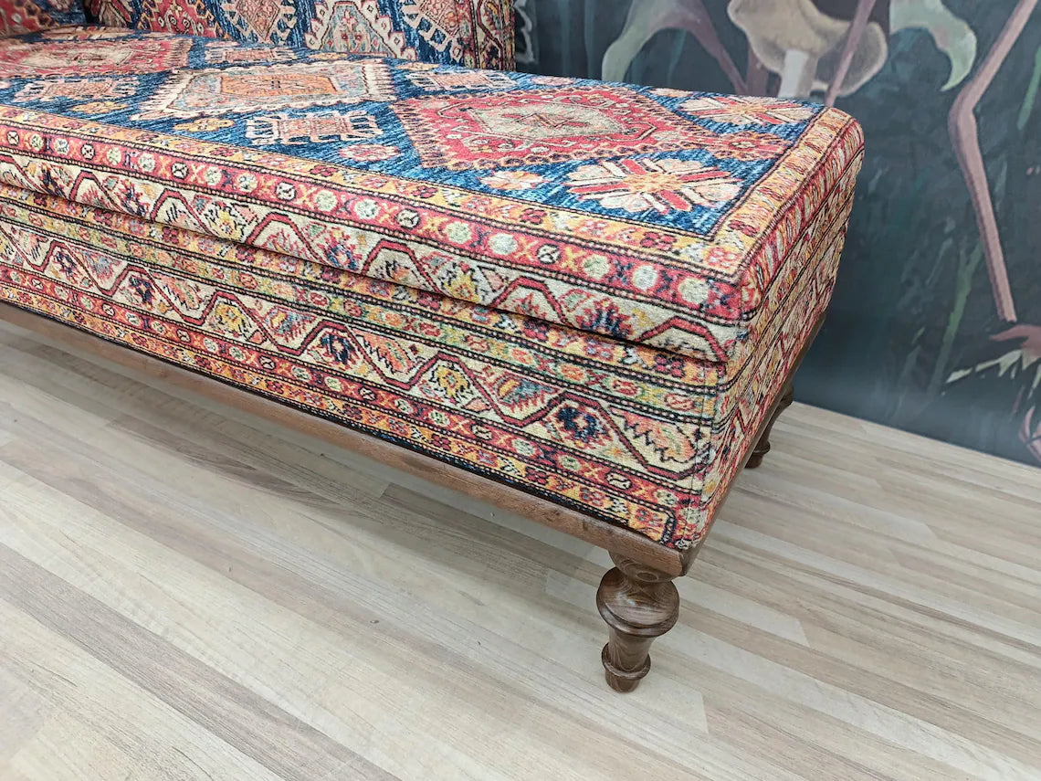 Oriental Motif Chaise Lounge Bed | Orange Blue Classic Settee