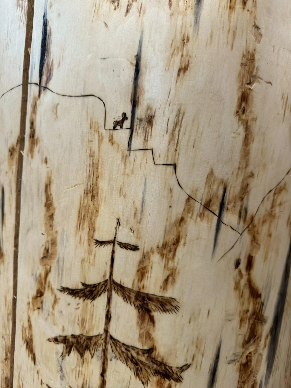 Woodland Scene Stump End Table, Hand-Burned Wood Plant Stand, Rustic Lodge Décor