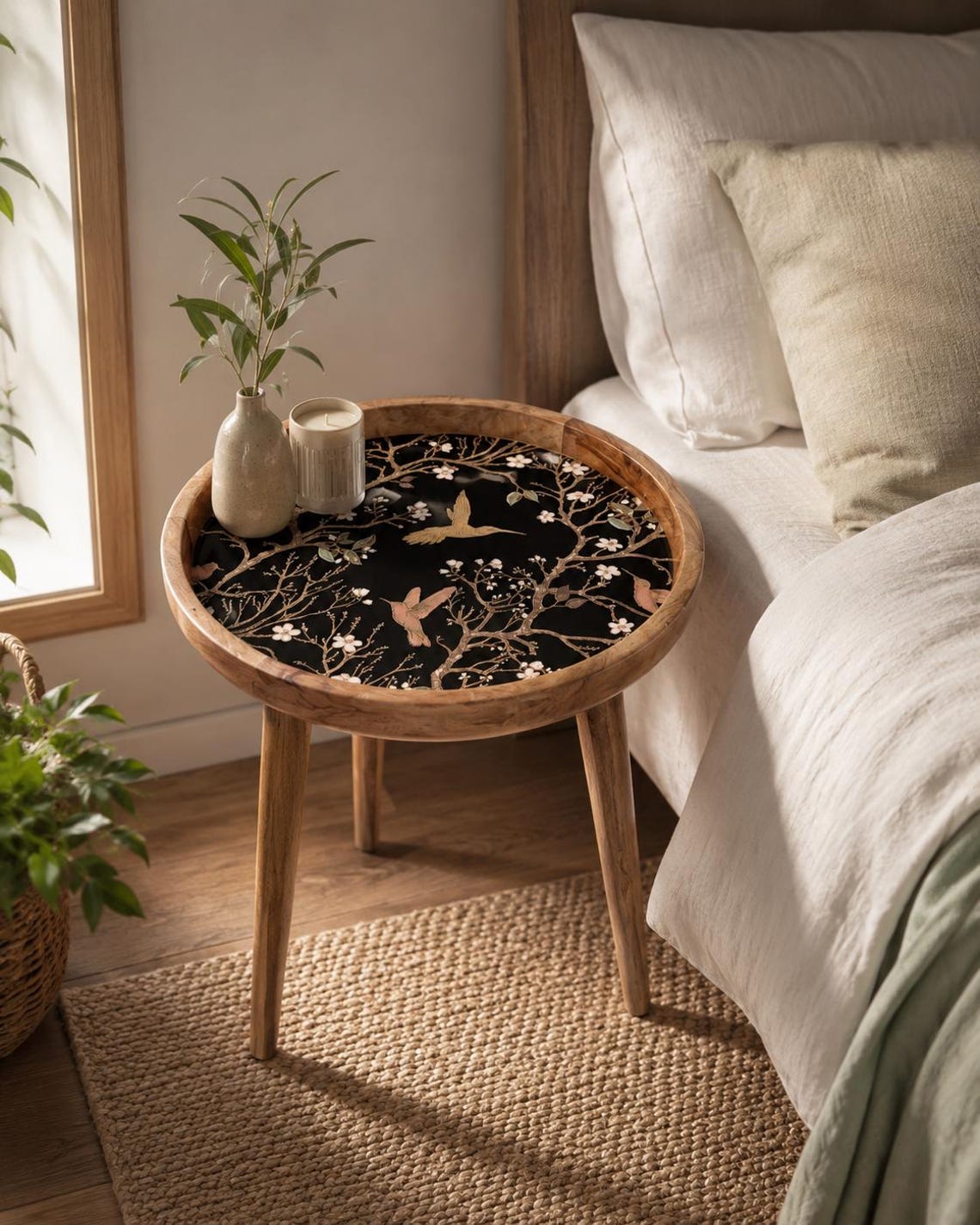 Handcrafted Mango Wood Side Tables: Boho Living Room Furniture Hummingbirds