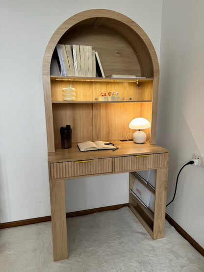 Arched Home Office Desk with Hutch, LED Lights & Charging Station - MDF Wood