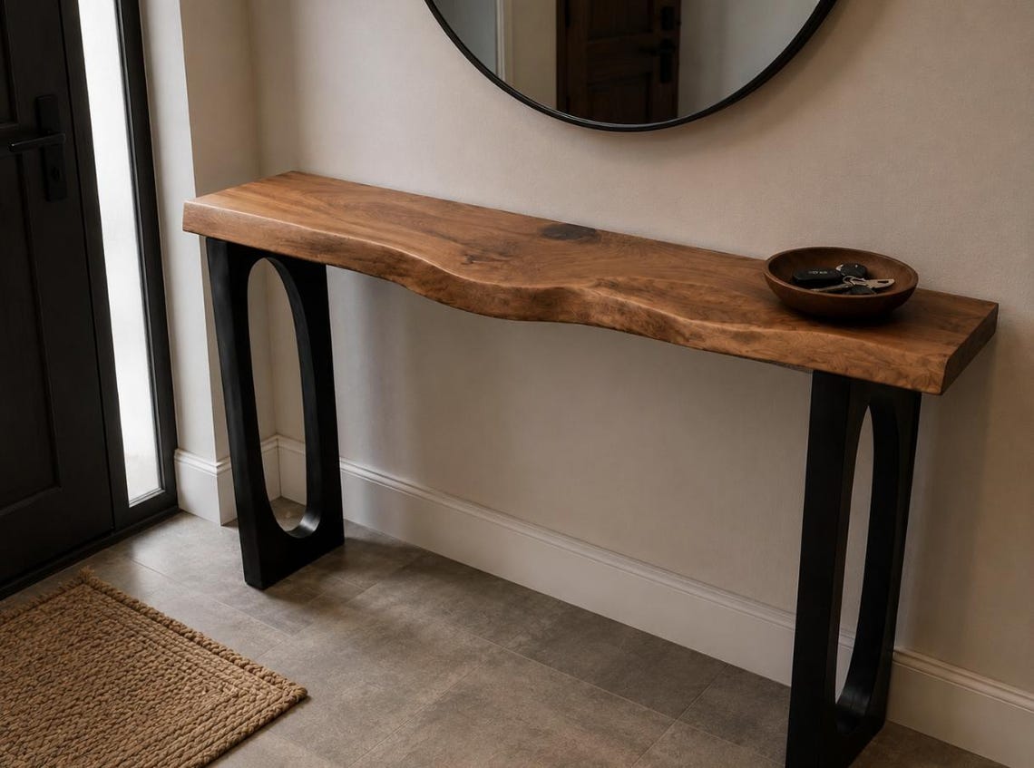 Solid Wood Narrow Console Table, Metal Leg Table, Handmade Furniture, Entryway Hall Table,Live Edge Table (Thichkness 1.6 inch- 4 cm)
