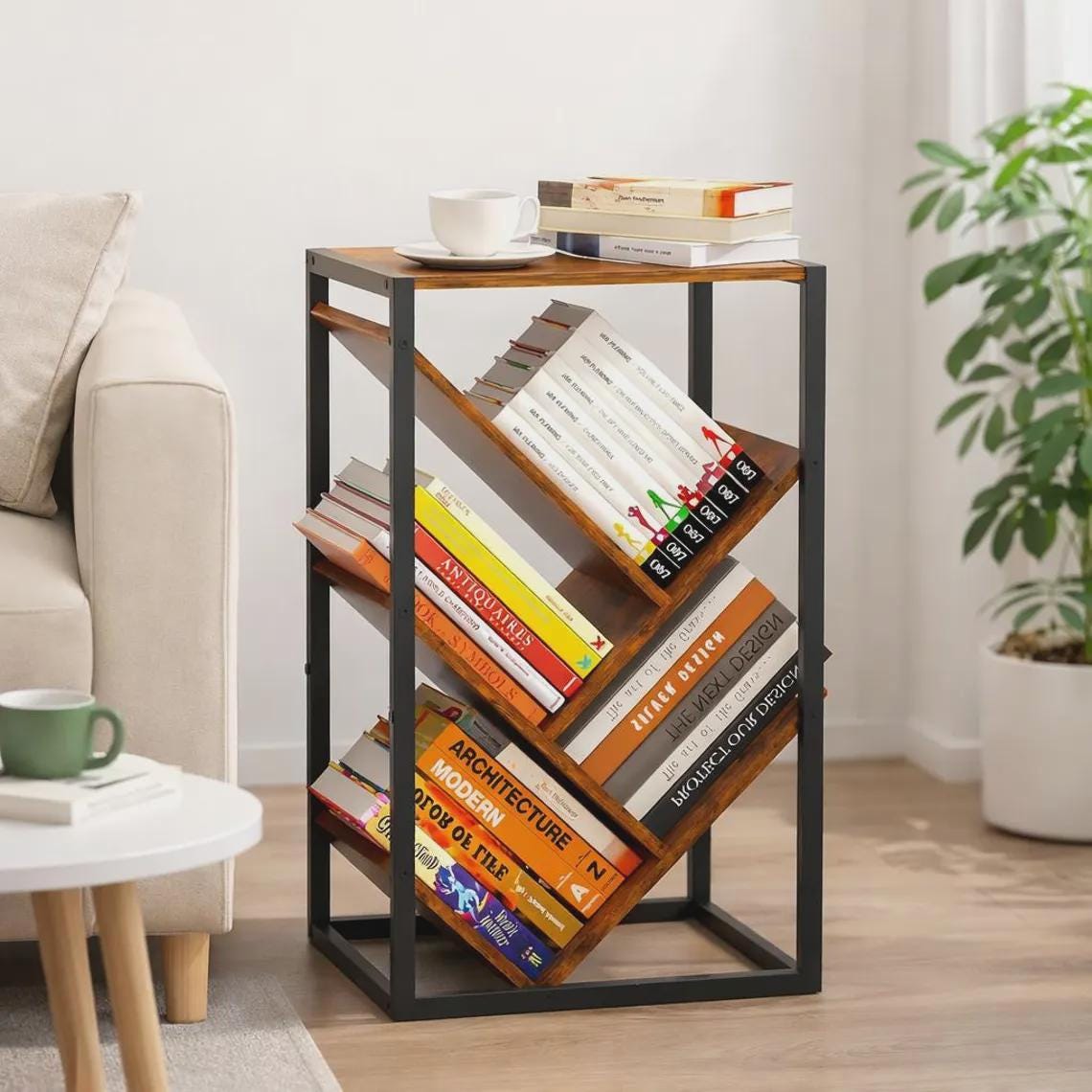 5 Tier Tree Bookshelf, Wooden Bookcase for Small Spaces