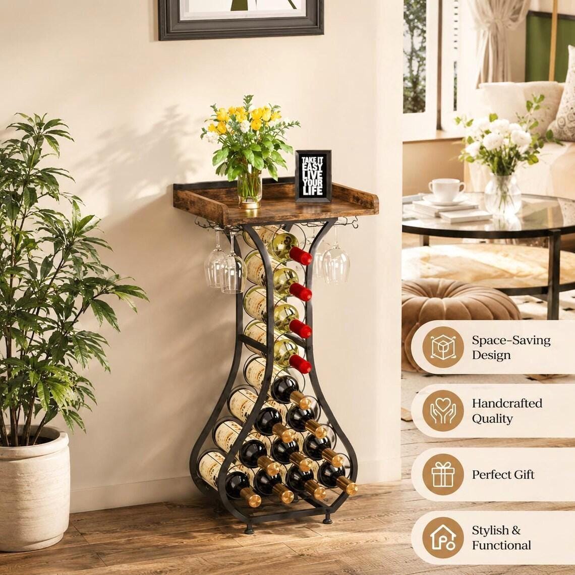 Freestanding Wine Rack Bar Table, Liquor Cabinet with Glass Holder