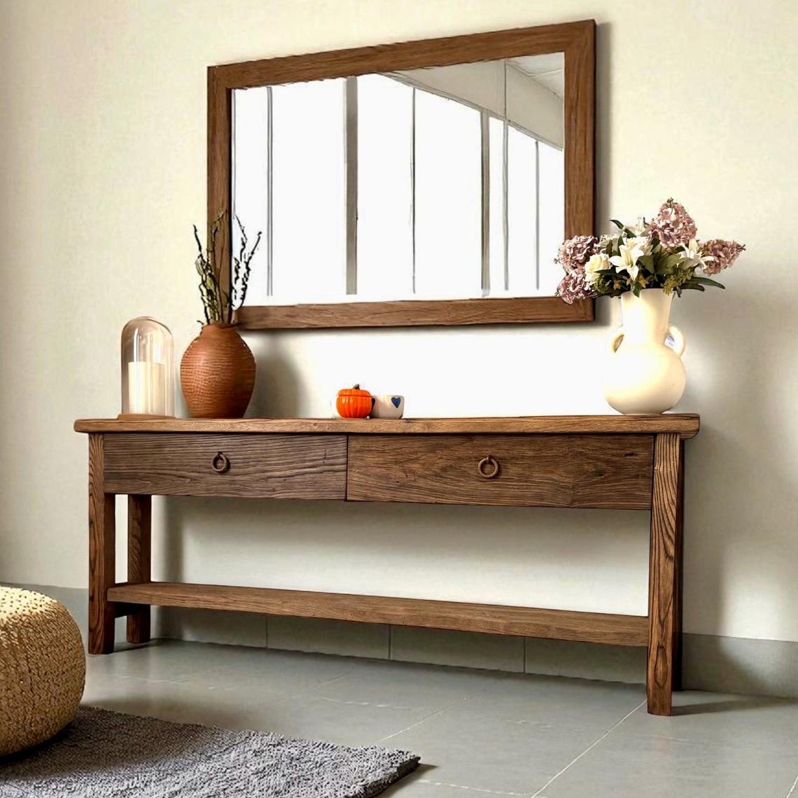 Reclaimed Oak Wood Narrow Console Table: Rustic Entryway Furniture