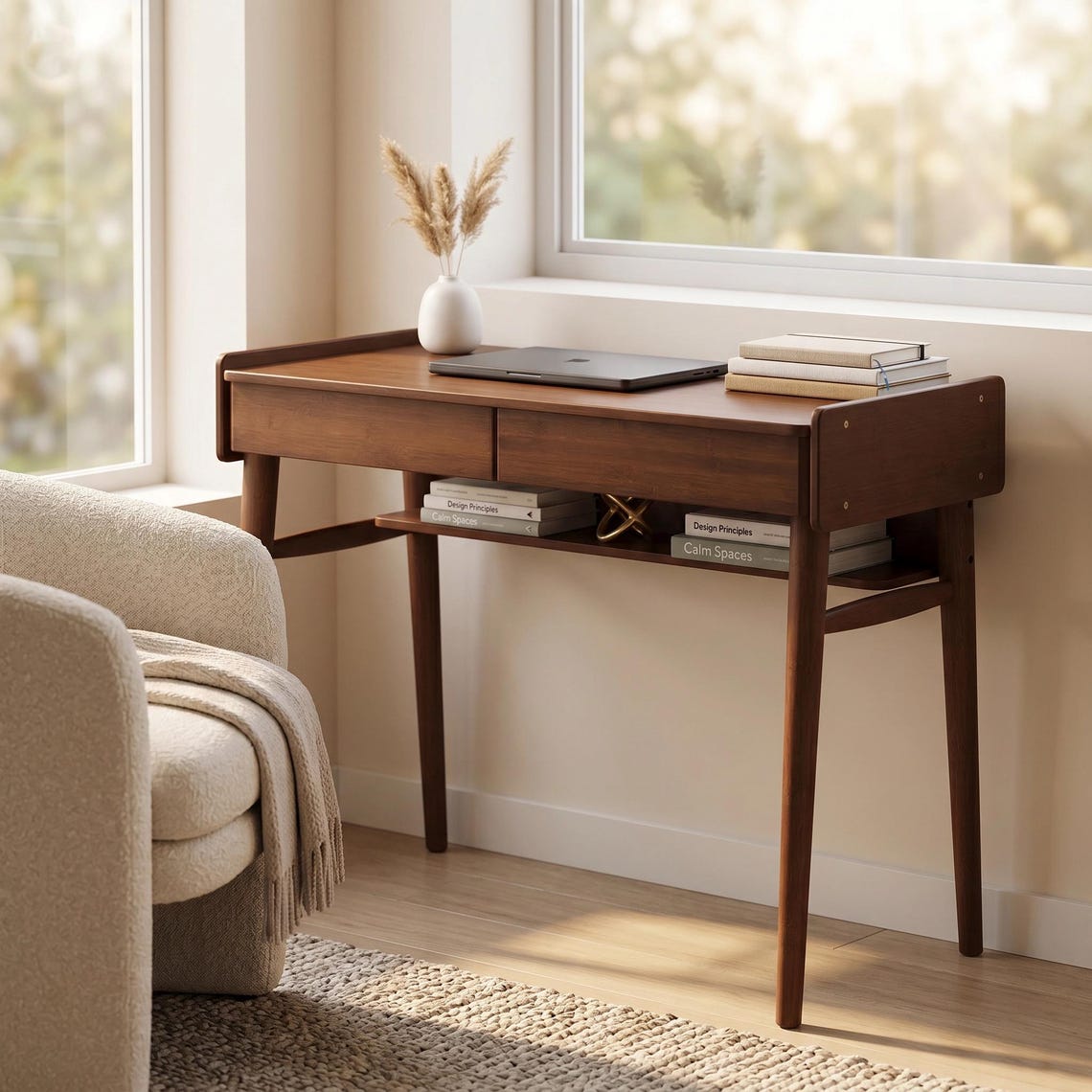Mid-Century Modern Bamboo Computer Desk with Storage & Cable Management