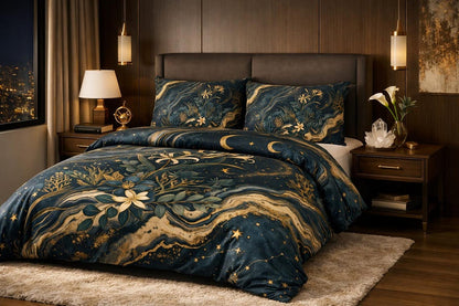 Celestial Botanical Duvet Cover Set – Dark Academia Navy Gold Bedding