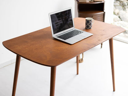 Rounded Oval Office Desk Table, Minimalist Walnut Wood Home Desk, Small Standing Desk, Mid Century Modern Writing Desk