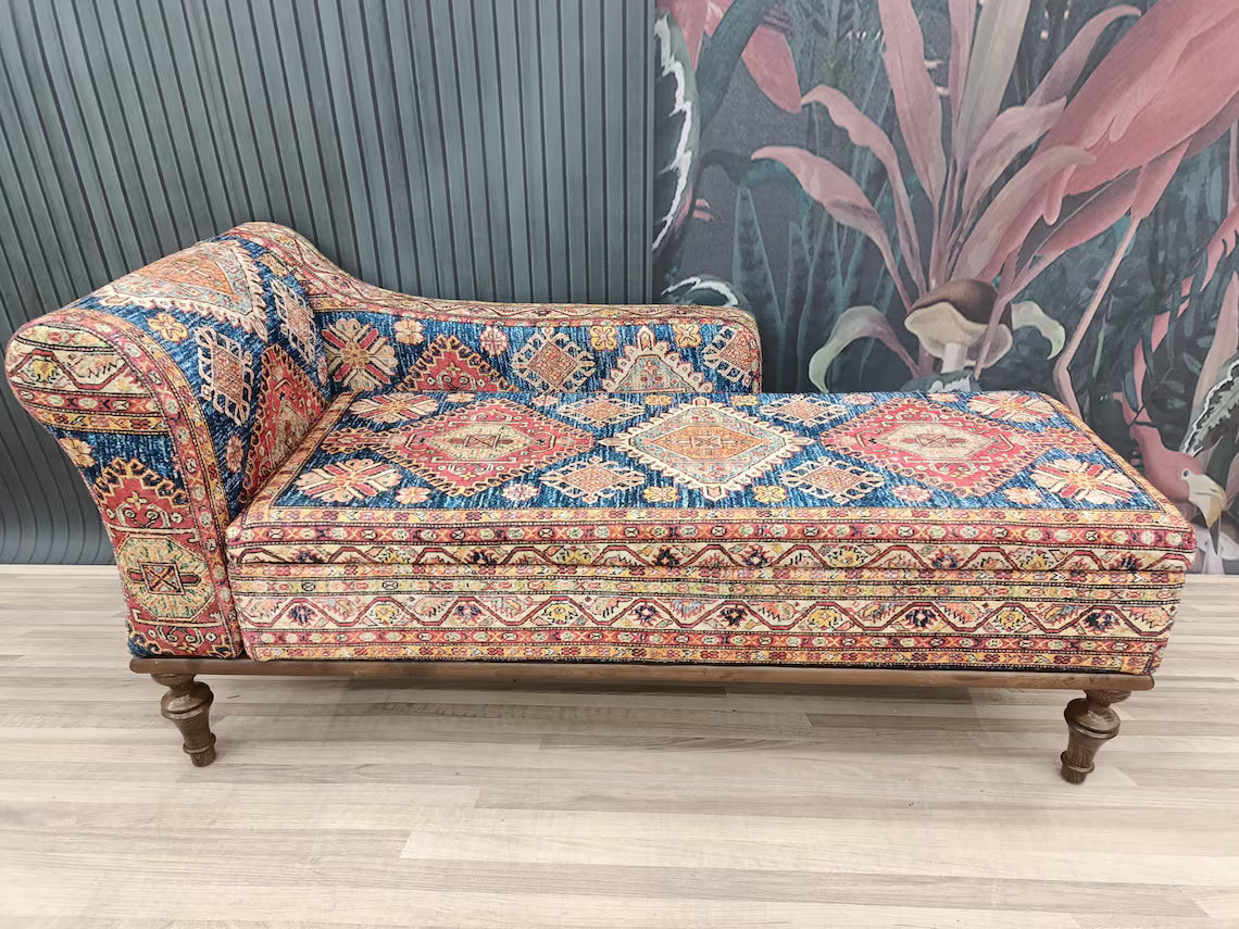 Oriental Motif Chaise Lounge Bed | Orange Blue Classic Settee