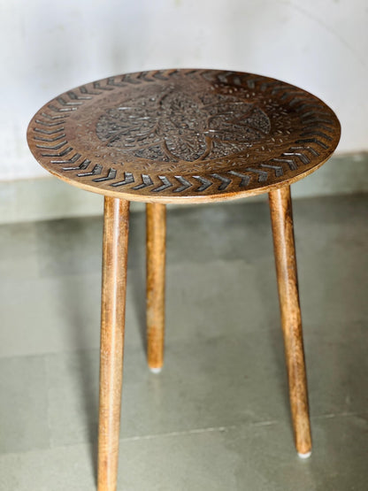 Hand Carved Wooden Coffee Table, Round Boho Rustic Accent Table