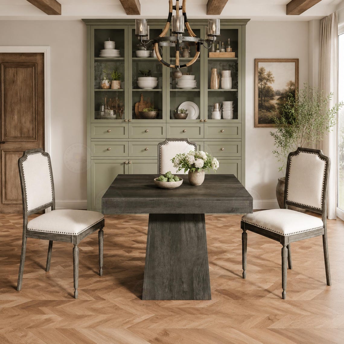 Square Dining Table, Rustic Grey Farmhouse Style, Seats 4 People