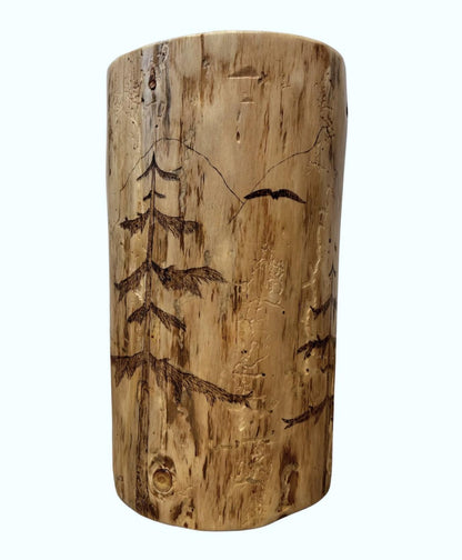Woodland Scene Stump End Table, Hand-Burned Wood Plant Stand, Rustic Lodge Décor