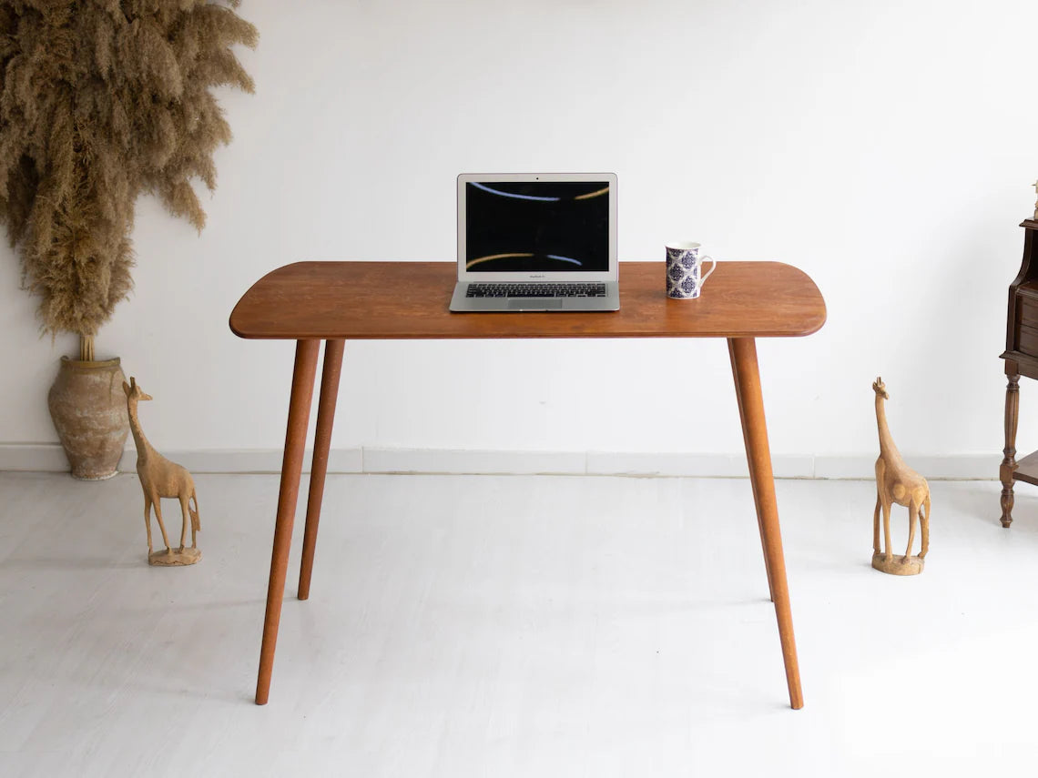 Rounded Oval Office Desk Table, Minimalist Walnut Wood Home Desk, Small Standing Desk, Mid Century Modern Writing Desk