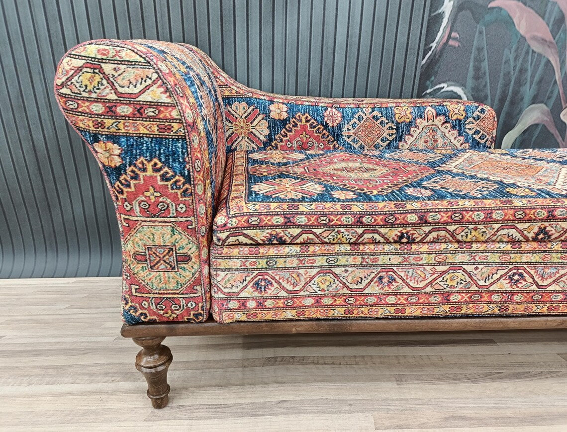 Oriental Motif Chaise Lounge Bed | Orange Blue Classic Settee