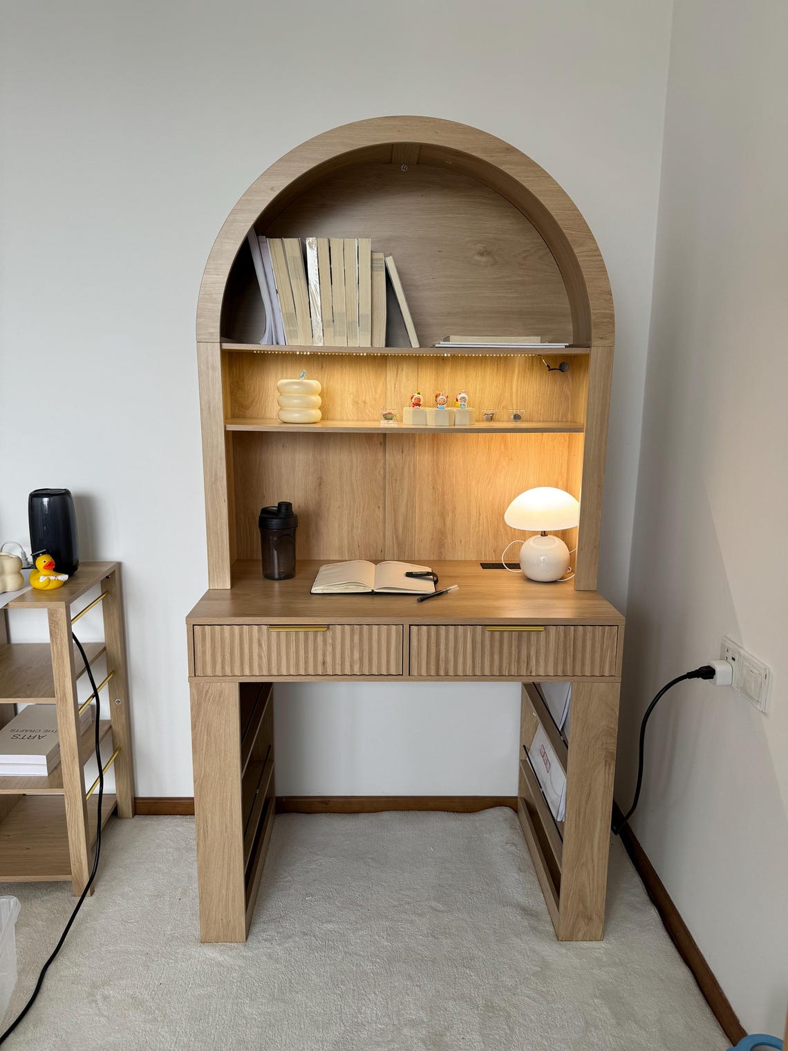 Arched Home Office Desk with Hutch, LED Lights & Charging Station - MDF Wood