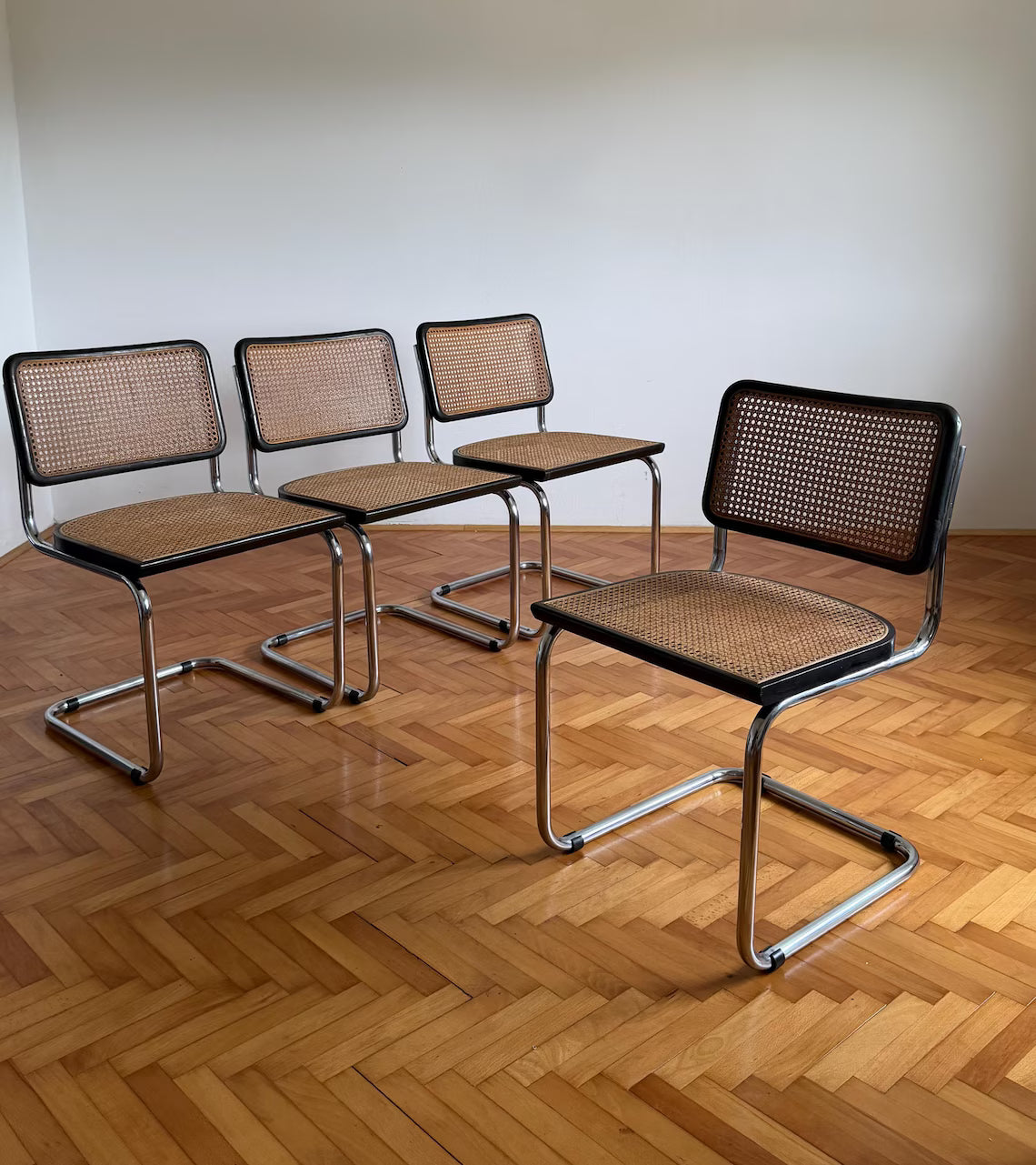 1 of 4 Vintage Cesca B32 Cantilaver Dining Chairs by Marcel Breuer for Thonet / Mid Century Rattan Cane Chair / Italy / 1970s