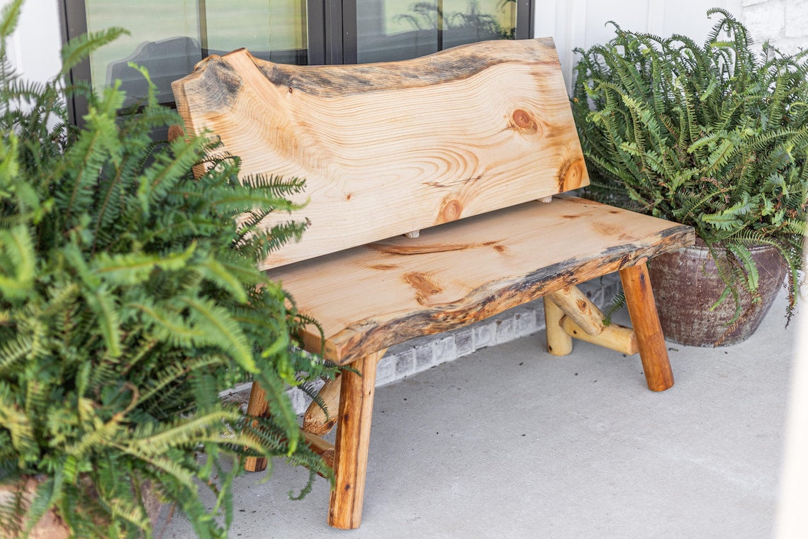 Rustic Log Bench With Back – Handcrafted Live Edge Natural Character Bench