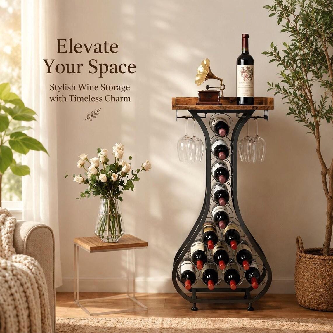 Freestanding Wine Rack Bar Table, Liquor Cabinet with Glass Holder