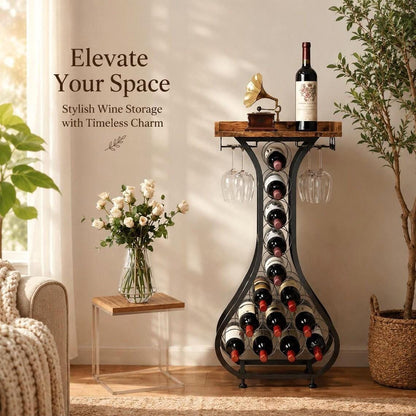 Freestanding Wine Rack Bar Table, Liquor Cabinet with Glass Holder