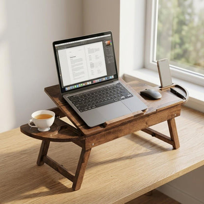 Lap Desk, Adjustable Wooden with Drawers, Portable Bed Reading Table, Ergonomic Laptop Stand, Wood